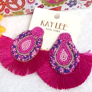 Large Boho Seed Bead Fan Tassel Post Drop Earrings